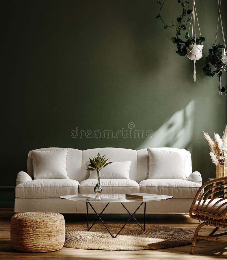 Intérieur maison vert foncé avec canapé blanc table et décoration dans le salon illustration libre de droits