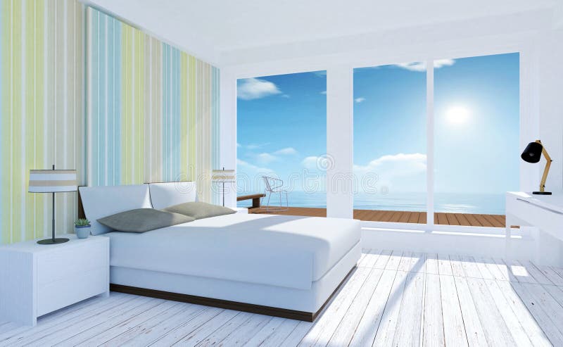Intérieur minimal blanc et confortable de chambre à coucher avec la vue de mer en été photos libres de droits Intérieur minimal blanc et confortable de chambre à coucher avec la vue de mer en été photos libres de droits