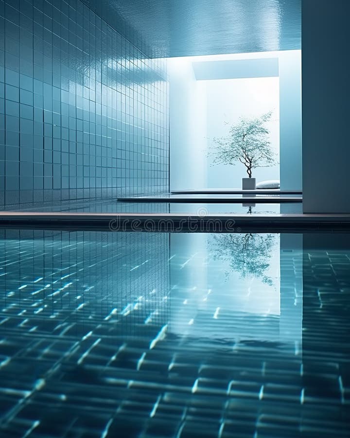 Intérieur moderne d'une piscine intérieure avec eau claire bleue et arbre. complexe de luxe. ai génératif illustration stock