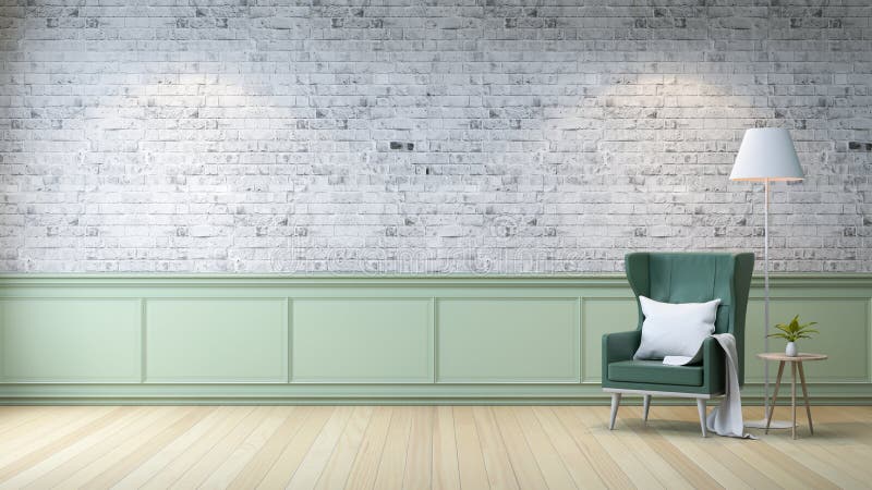 Intérieur moderne de grenier, salon, plancher en bois blanc, fauteuil vert avec la table et lampe blanche sur le backg gris lumin illustration stock Intérieur moderne de grenier, salon, plancher en bois blanc, fauteuil vert avec la table et lampe blanche sur le backg gris lumin illustration stock