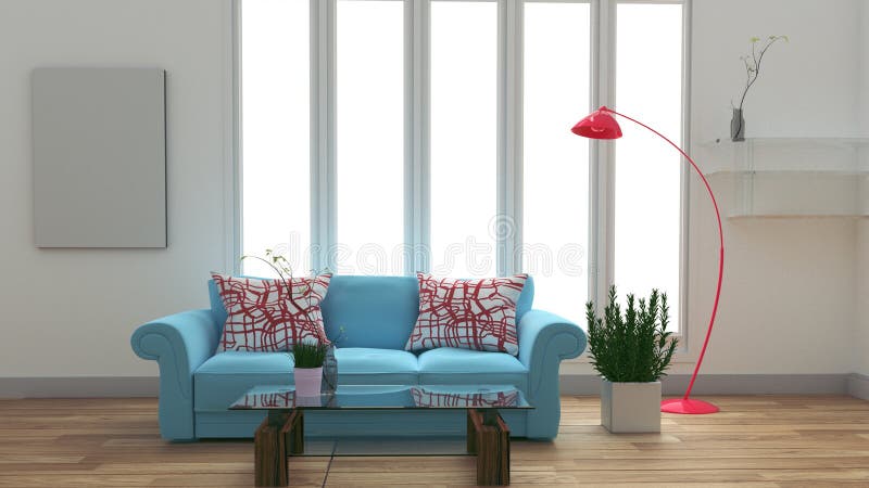 Intérieur moderne de pièce avec le sofa et la table et la lampe bleus sur la pièce blanche rendu 3d illustration de vecteur Intérieur moderne de pièce avec le sofa et la table et la lampe bleus sur la pièce blanche rendu 3d illustration de vecteur
