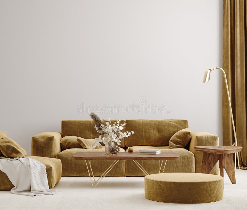 Intérieur moderne de salon avec canapé de velours élégant, la moquette beige et le lampadaire d'or