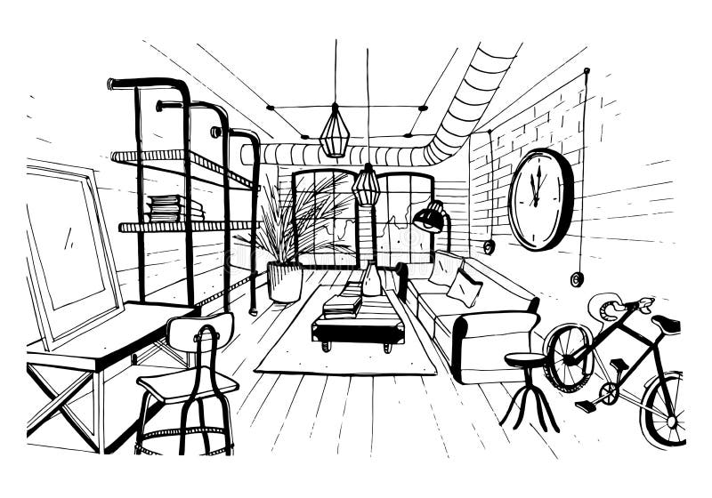 Intérieur moderne de salon dans le style de grenier Illustration tirée par la main de croquis illustration stock Intérieur moderne de salon dans le style de grenier Illustration tirée par la main de croquis illustration stock