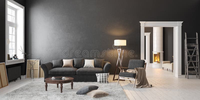 Intérieur noir scandinave classique avec la cheminée, sofa, table, chaise longue, lampadaire