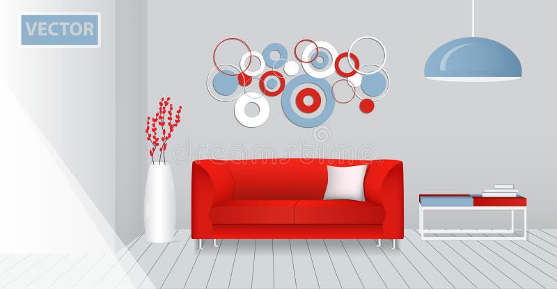 Intérieur réaliste d'un salon moderne Conception originale rouge illustration libre de droits Intérieur réaliste d'un salon moderne Conception originale rouge illustration libre de droits