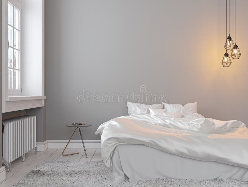 Intérieur vide gris de chambre à coucher de grenier de Scandinavin avec le lit, la table et la lampe illustration stock Intérieur vide gris de chambre à coucher de grenier de Scandinavin avec le lit, la table et la lampe illustration stock