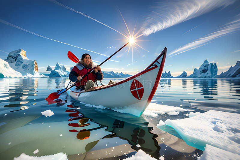 Inuit kayak in arctic sea, illustration