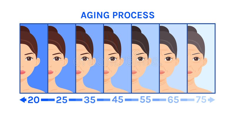 Invecchiamento della donna. rugole che marchiano l'età della pelle modifiche relative alla metà della faccia. correzione facciale. illustrazione di stock