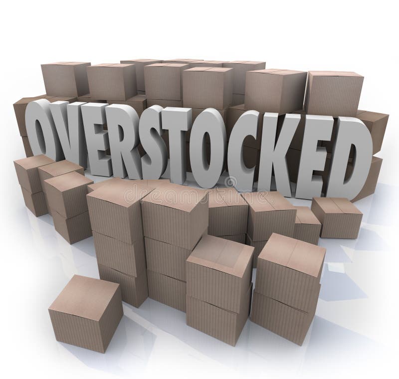 Inventario sobreabastecido de Warehouse de las cajas de cartón de las palabras ilustración del vector Inventario sobreabastecido de Warehouse de las cajas de cartón de las palabras ilustración del vector