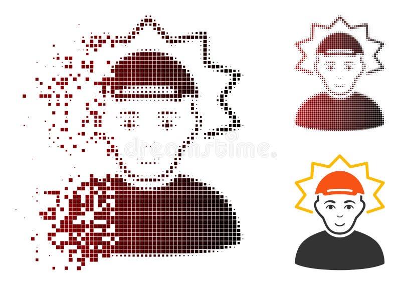 Moving Pixel Halftone Inventor Icon. Inventor icon with face in dispersed, pixelated halftone and undamaged solid versions. Pixels are combined into vector dispersed inventor icon.