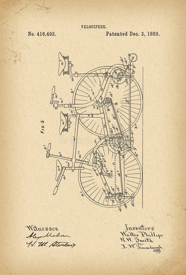 Invenção arquivística da história da bicicleta do Velocipede de 1889 patentes ilustração royalty free Invenção arquivística da história da bicicleta do Velocipede de 1889 patentes ilustração royalty free