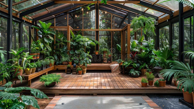 Invernadero con una estructura de madera depurada con plantas exuberantes en macetas libre illustration