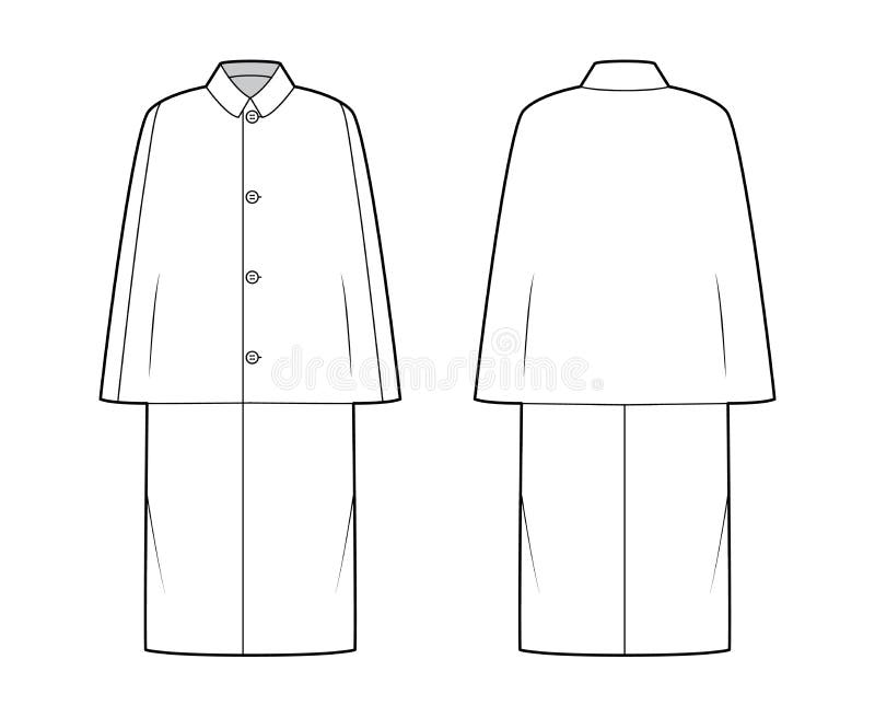 Inverness coat cape technical fashion illustration with long sleeves, round lapel collar, oversized body, midi length. Flat jacket template front, back, white color style. Women, men unisex CAD mockup