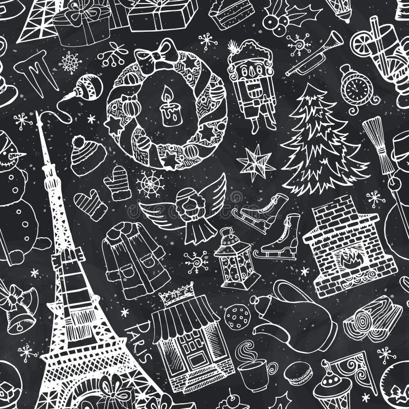 Inverno di Parigi, modello senza cuciture di natale di scarabocchio Gesso illustrazione di stock Inverno di Parigi, modello senza cuciture di natale di scarabocchio Gesso illustrazione di stock