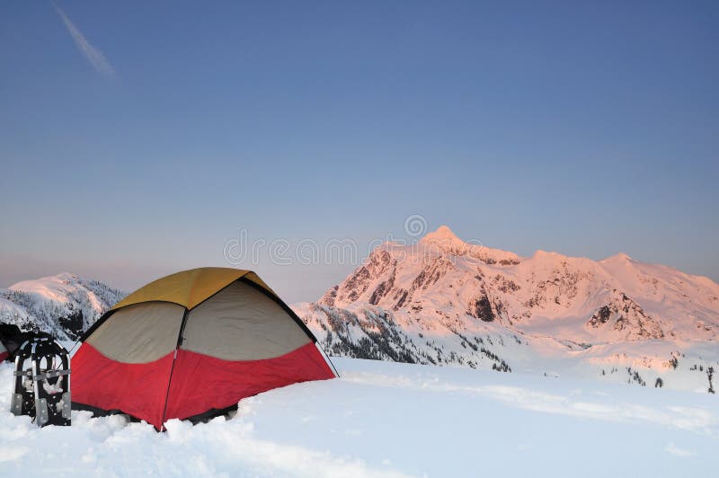 Winter Camping at Huntoon point on Artist Ridge, Mount Shuksan on the background. Winter Camping at Huntoon point on Artist Ridge, Mount Shuksan on the background