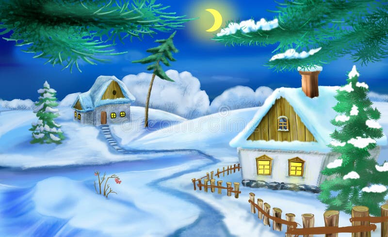 Inverno in un vecchio villaggio tradizionale ucraino alla notte di Natale royalty illustrazione gratis Inverno in un vecchio villaggio tradizionale ucraino alla notte di Natale royalty illustrazione gratis