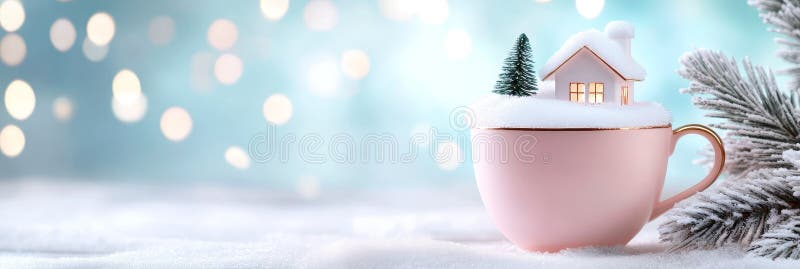 Inverno Village Teacup Charm Miniature Inverno scene invernali nevicate in una tazza d'oro simboleggiano il calore dello spirito f illustrazione vettoriale