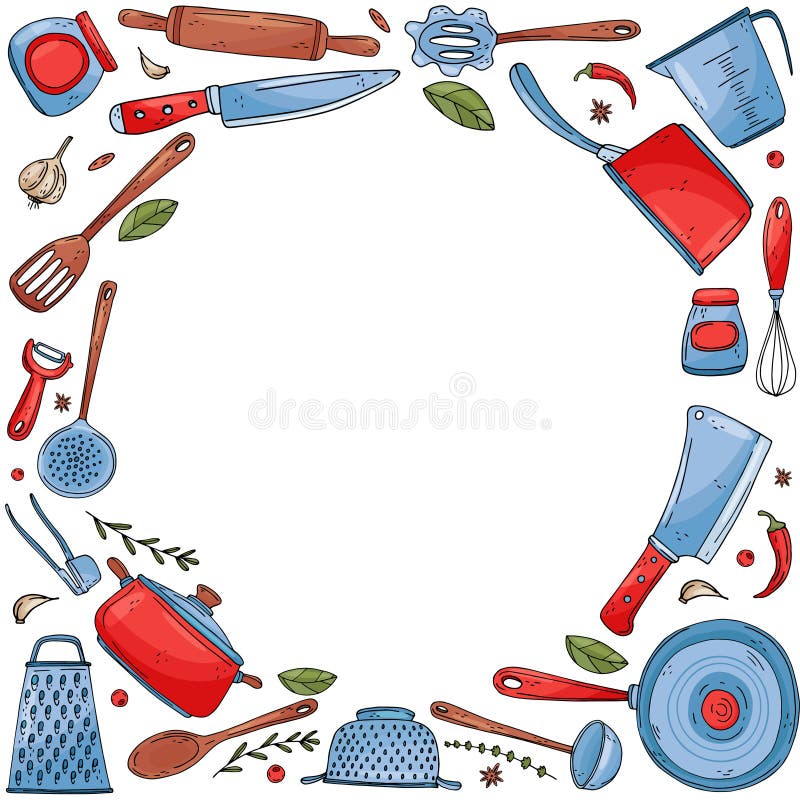 Inversion circle made of elements with hand drawn kitchen tools isolate on a white background stock illustration