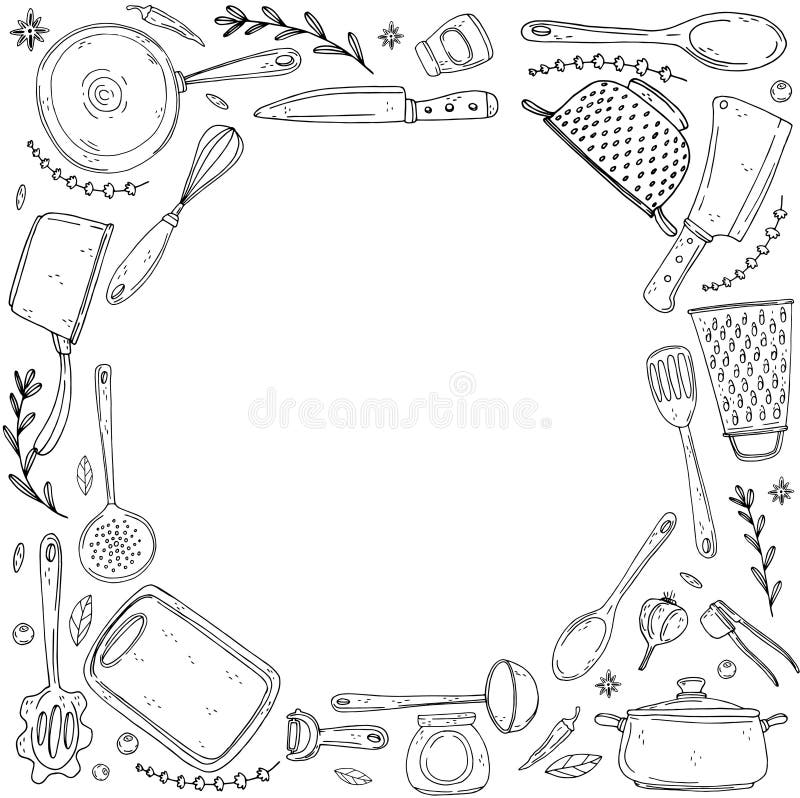Inversion circle made of elements with hand drawn kitchenware on isolate on a white background vector illustration