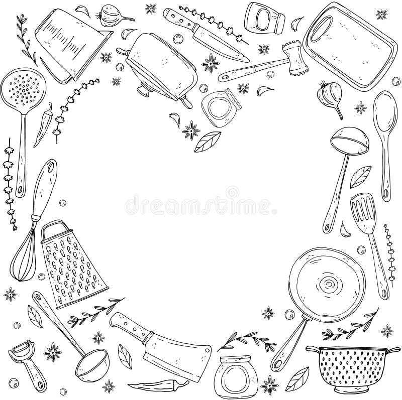 Inversion heart made of elements with hand drawn kitchenware on isolate on a white background royalty free illustration