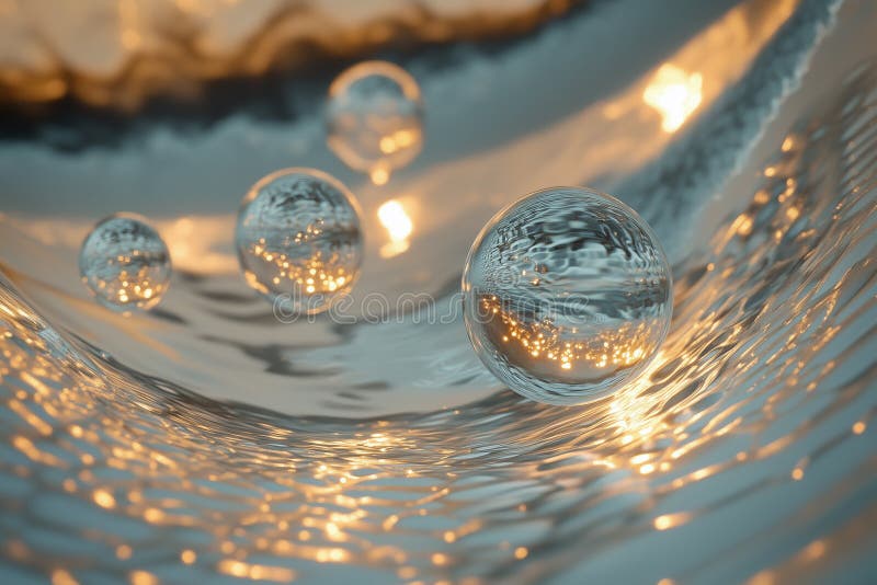 Inverted gravity wells create unique glowing spheres in a shimmering liquid environment during glowing twilight hours. Small glowing spheres float through a shimmering liquid, creating an enchanting visual effect as light reflects off the surfaces in a calm environment