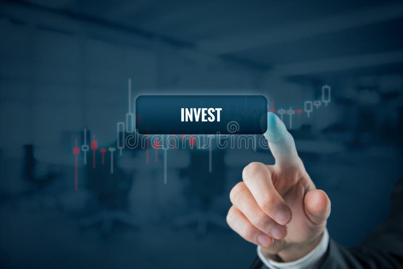 Invest concept. Investor trader click on button with text invest. Tradeview graph on background.