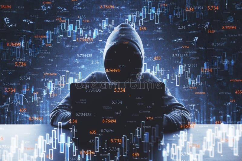 Hacker at dark desktop using laptop with binary code. Invest and economy concept. Double exposure
