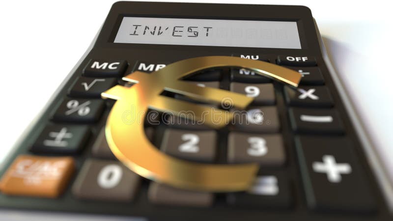 INVEST text on calculator display and euro currency symbol. Conceptual 3d rendering stock illustration