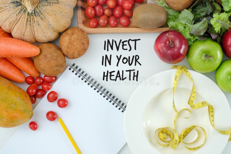 Invest in your health , Healthy lifestyle concept with diet and fitness , Get fit in  , fitness equipment and healthy food d. Invest in your health , Healthy lifestyle concept with diet and fitness , Get fit in  , fitness equipment and healthy food d