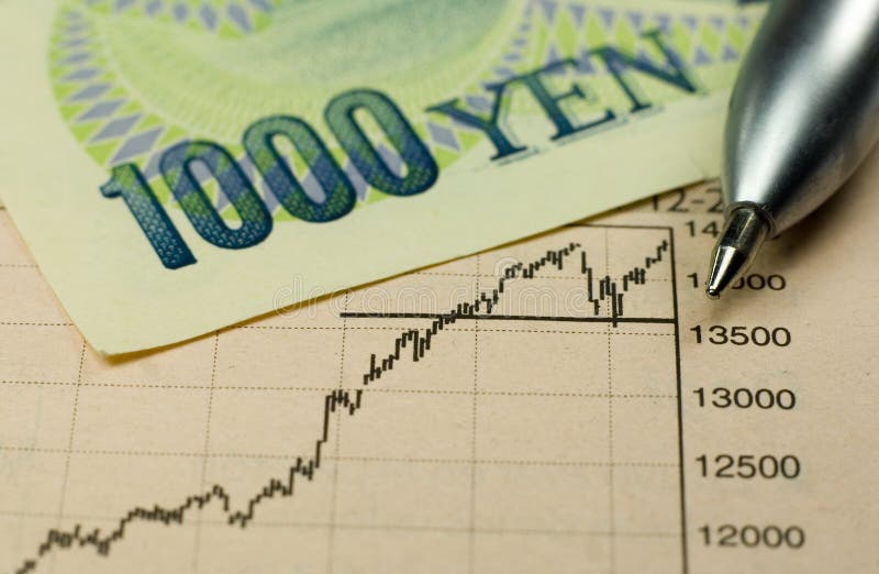 1000 Yen banknote with pen and rising stock chart. 1000 Yen banknote with pen and rising stock chart.