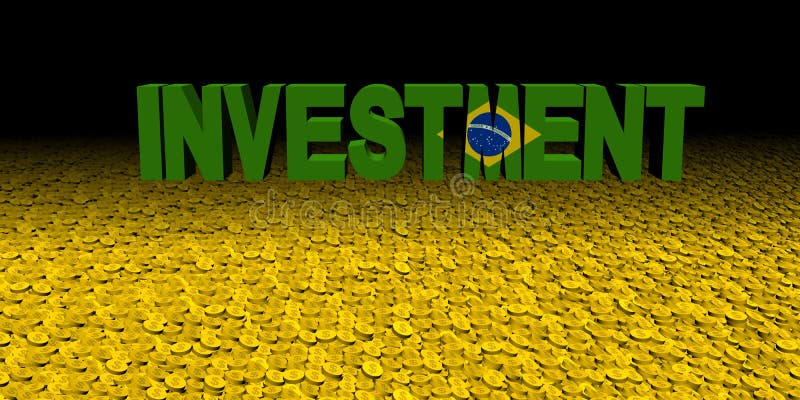 Investeringstekst met Braziliaanse vlag op muntstukkenillustratie