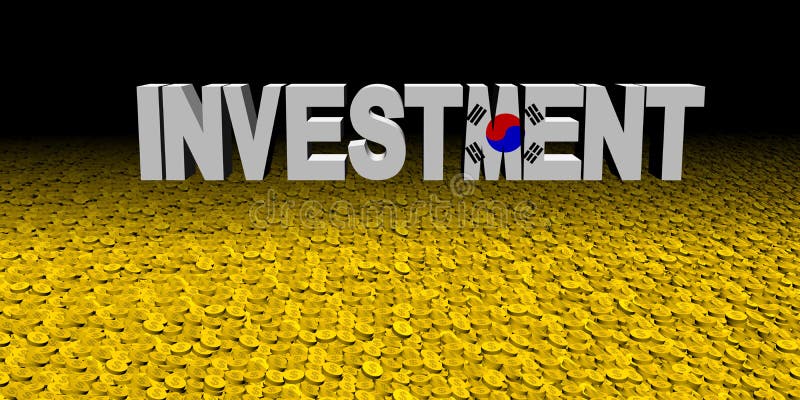 Investeringstekst met Koreaanse vlag met muntstukkenillustratie