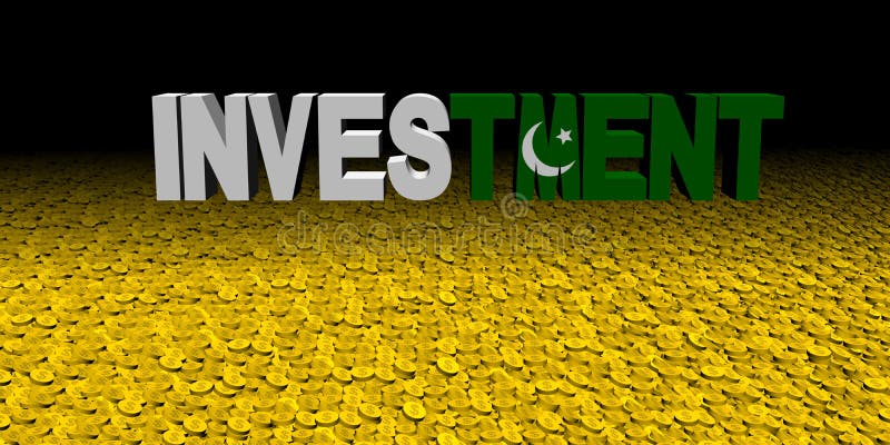 Investeringstekst met Pakistaanse vlag op muntstukkenillustratie