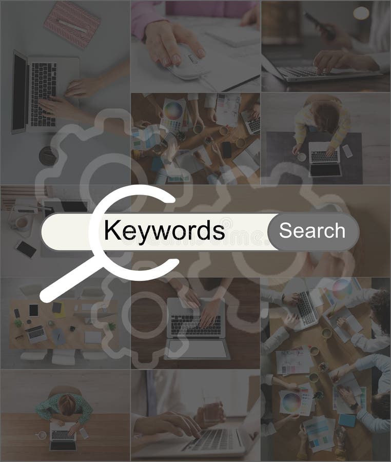 Investigación de palabras clave. collage con fotos de especialistas en seo y barra de búsqueda