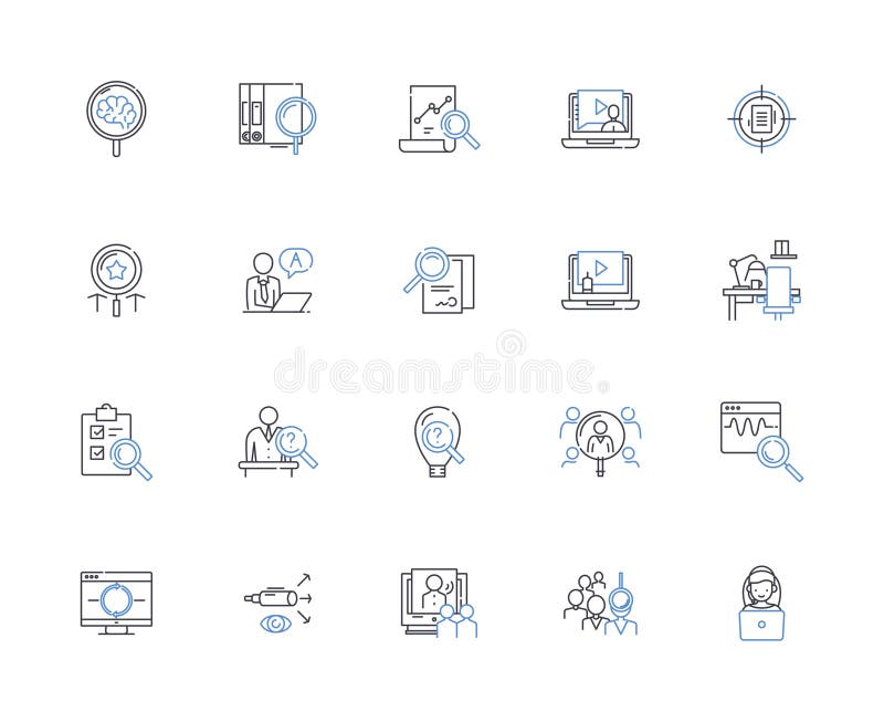 Investigate line icons collection. Scrutinize, Analyze, Examine, Research, Probe, Inspect, Delve vector and linear