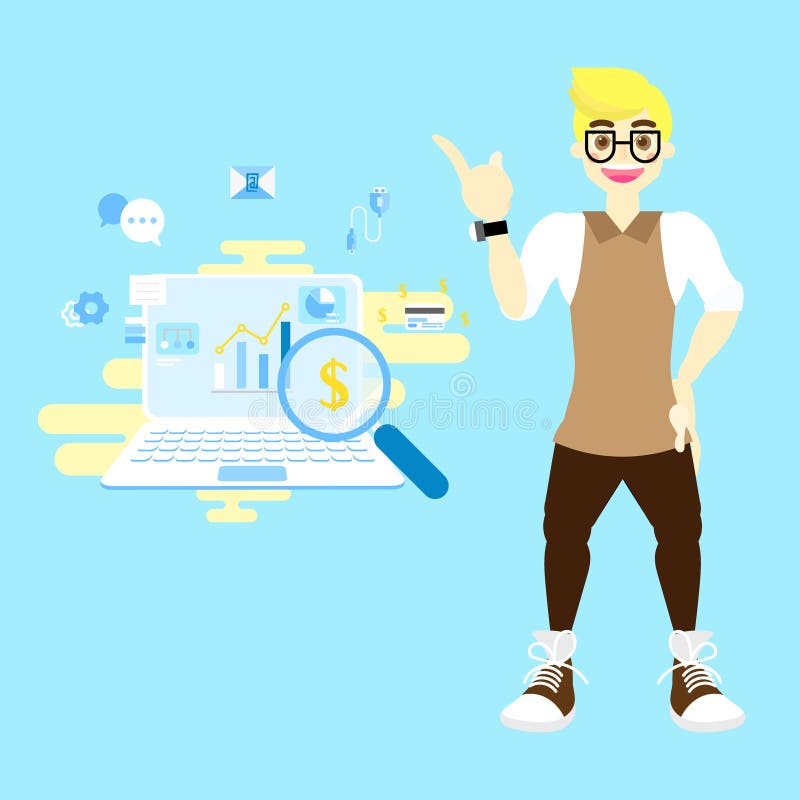 Investimento do corretor do comerciante do mercado de valores de ação e conceito liso de troca dos desenhos animados com o homem ilustração royalty free Investimento do corretor do comerciante do mercado de valores de ação e conceito liso de troca dos desenhos animados com o homem ilustração royalty free