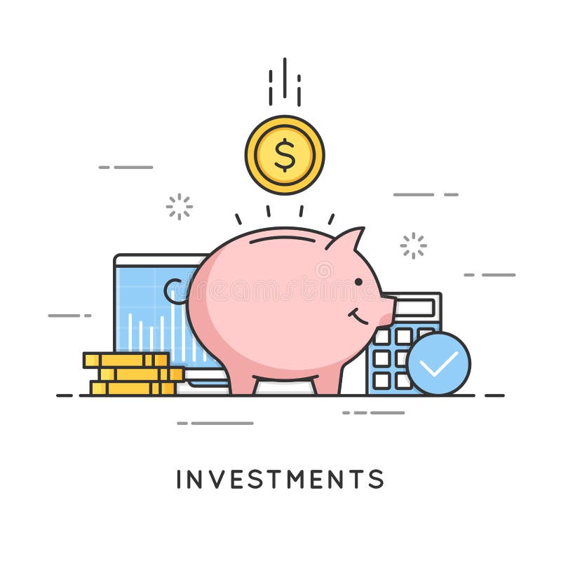 Investments, money savings, budget management, financial profit. Flat line art style concept. Vector banner, icon, illustration Editable stroke. Investments, money savings, budget management, financial profit. Flat line art style concept. Vector banner, icon, illustration Editable stroke