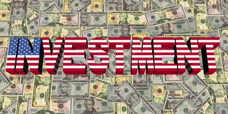 Investitionstext mit amerikanischer Flagge auf Währungsillustration