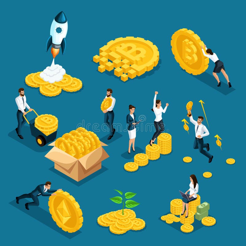 Investitori delle icone di Isometrics, speculatori con il concetto del blockchain di ico, bitcoin sicuro, estrazione mineraria di illustrazione di stock