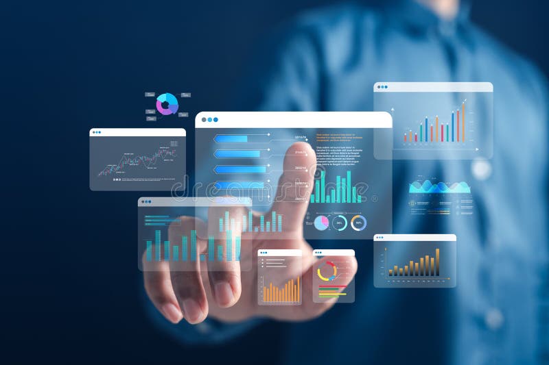Investment data analysis with interactive financial dashboards and charts for performance insights stock image
