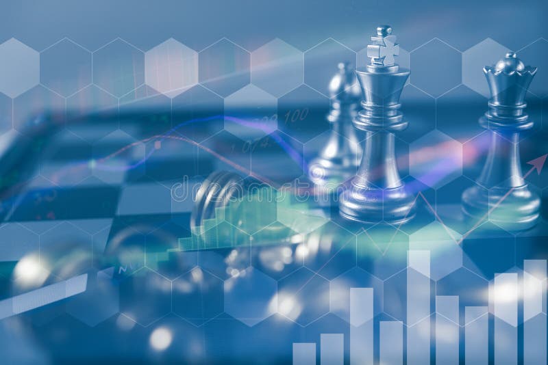 Investment Leadership Concept : The king chess piece with chess others  nearby go down from floating board game concept of business ideas and  competition and strategy plan success meaning. Stock Photo