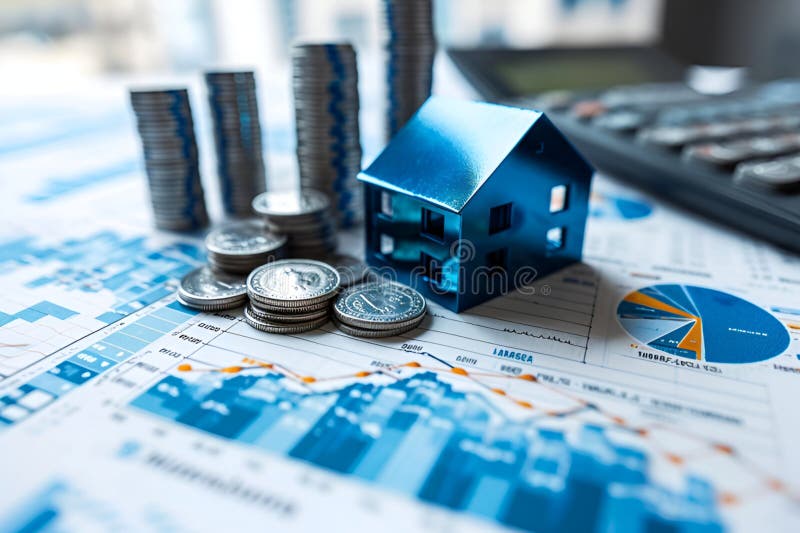 Investment planning and reporting concept. Chart, 3d graph and small house. Reit concept vector illustration