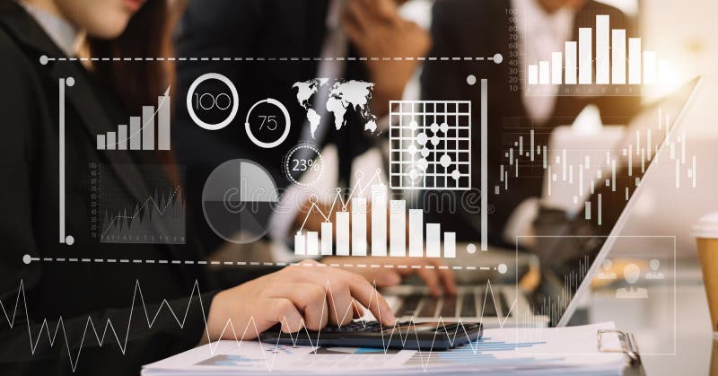 Investor analyzing stock market report and financial dashboard with business intelligence , with key performance royalty free stock photography