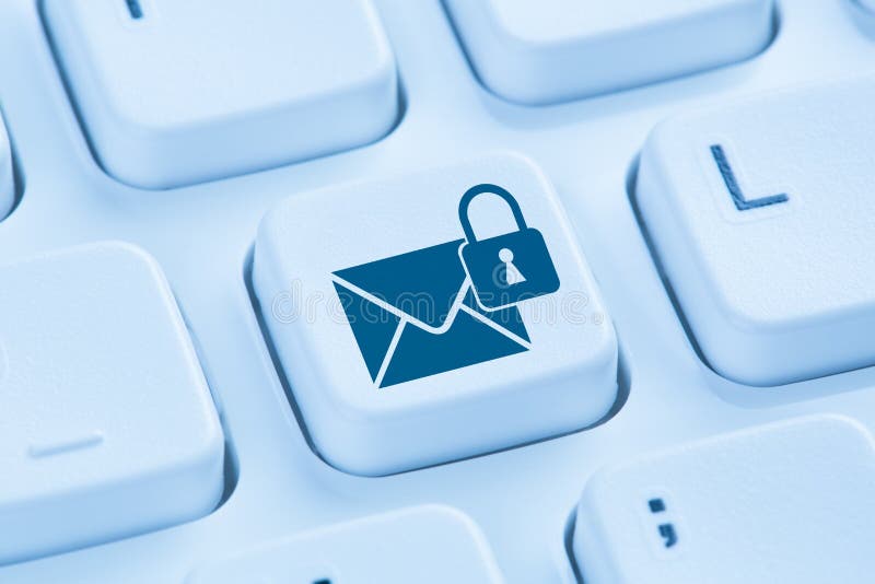 Sending encrypted E-Mail protection secure mail internet symbol blue computer keyboard. Sending encrypted E-Mail protection secure mail internet symbol blue computer keyboard