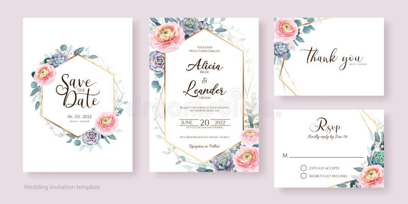 Invitación de boda floral guardar la fecha gracias plantilla de diseño de tarjeta rsvp. flor y vegetación de ranunculus.