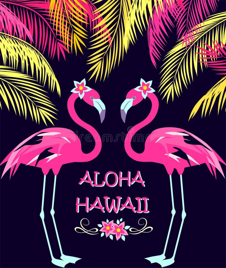 Funny invitation for night beach party in Hawaiian resort with coconut palm leaves, cut pair pink flamingo and frangipani flowers. Print for poster, t shirt, wedding, bag design. Funny invitation for night beach party in Hawaiian resort with coconut palm leaves, cut pair pink flamingo and frangipani flowers. Print for poster, t shirt, wedding, bag design