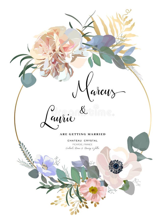 Invitación floral de la boda Rosa rosada elegante del jardín, peonía, anémona, ramas del eucalipto, hojas Modelo del vector stock de ilustración Invitación floral de la boda Rosa rosada elegante del jardín, peonía, anémona, ramas del eucalipto, hojas Modelo del vector stock de ilustración