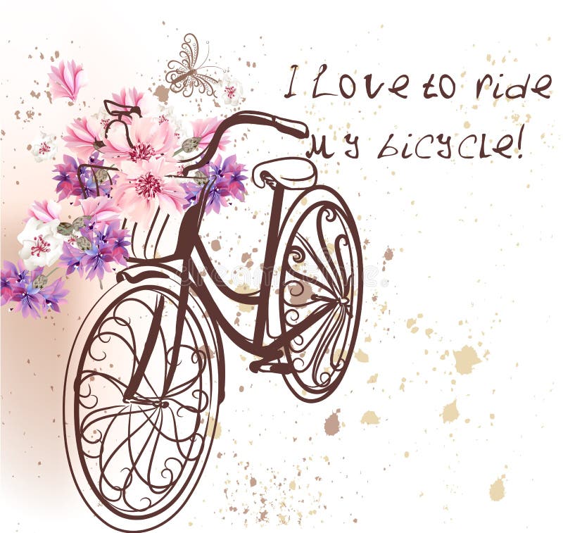 Invitación linda del vector con la bicicleta y las flores falsas stock de ilustración Invitación linda del vector con la bicicleta y las flores falsas stock de ilustración