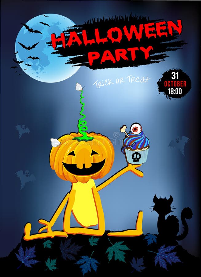 Invitación a una diversión de la calabaza de Halloween del partido con la torta, fondo azul