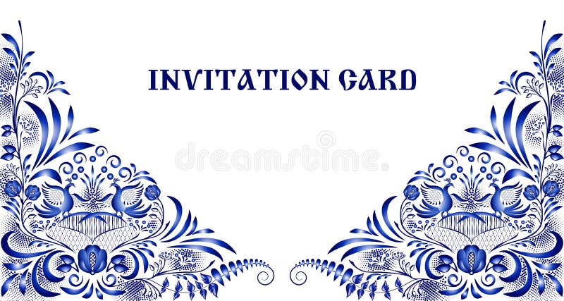 Invitation card in style of national painting on porcelain. Pattern with blue flowers and birds in the corners.